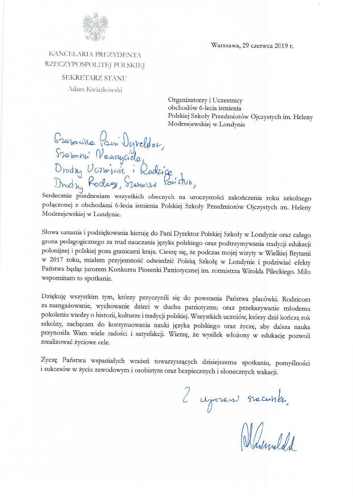 Listy i Odznaczenia List Ministra Adama Kwiatkowskiego Listy i Odznaczenia